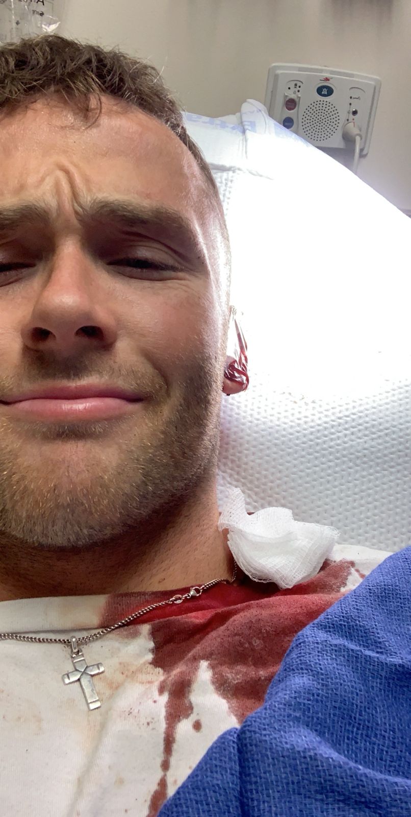 Matt in the hospital after the 2020 stabbing